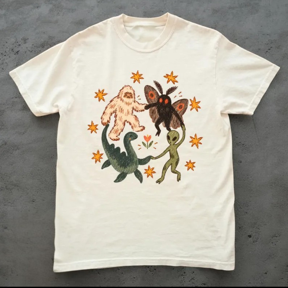 Cryptid Dance Circle Bigfoot Mothman Nessie Alien Stars Hand T-Shirt